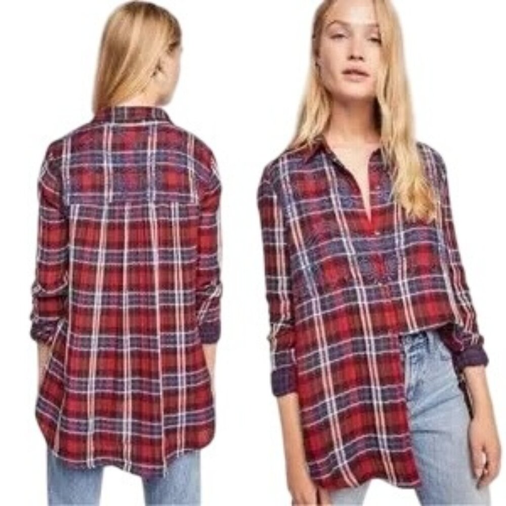 Free People Magical Plaid Red Embroidered Button Down Top
